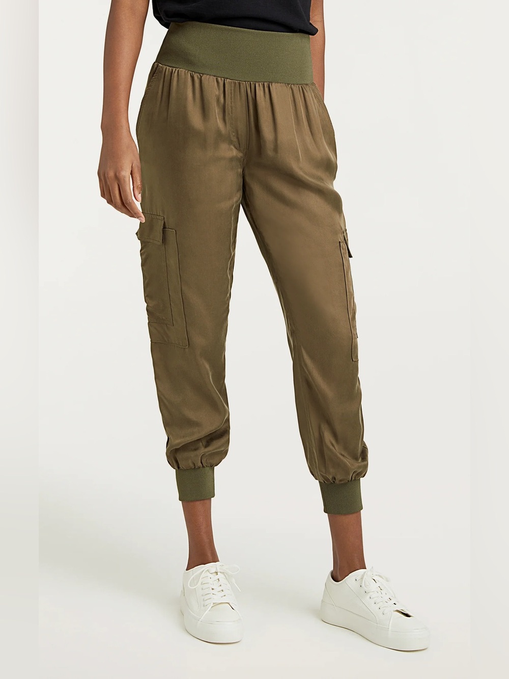 Cinq A Sept Womens Giles Joggers Satin Pants Cargo Pocket Olive Green